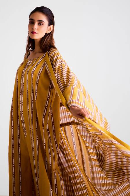Cotton And Clay_Mustard Cotton Round Neck Printed Kimono Dress And Jumpsuit Inner _Online_at_Aza_Fashions