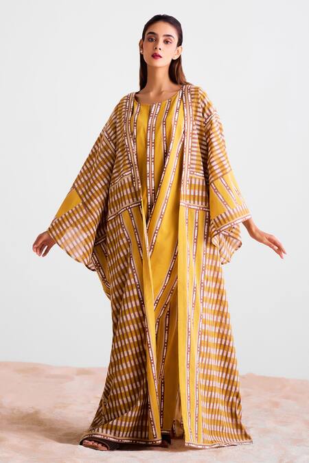 Buy_Cotton And Clay_Mustard Cotton Round Neck Printed Kimono Dress And Jumpsuit Inner _Online_at_Aza_Fashions