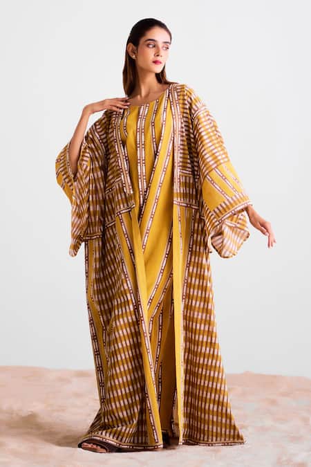 Shop_Cotton And Clay_Mustard Cotton Round Neck Printed Kimono Dress And Jumpsuit Inner _Online_at_Aza_Fashions