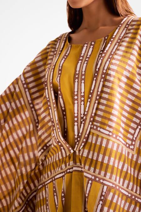 Cotton And Clay_Mustard Cotton Round Neck Printed Kimono Dress And Jumpsuit Inner _at_Aza_Fashions