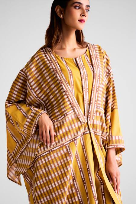 Buy_Cotton And Clay_Mustard Cotton Round Neck Printed Kimono Dress And Jumpsuit Inner 