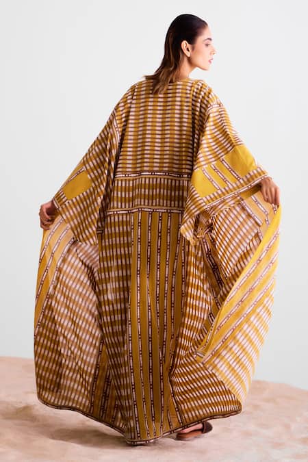 Shop_Cotton And Clay_Mustard Cotton Round Neck Printed Kimono Dress And Jumpsuit Inner 