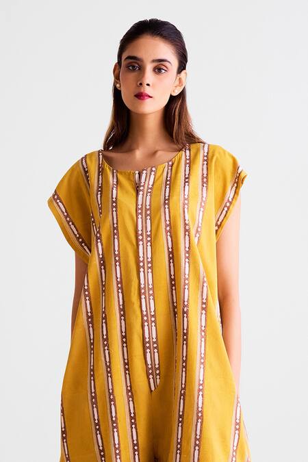 Cotton And Clay_Mustard Cotton Round Neck Striped Jumpsuit _Online_at_Aza_Fashions