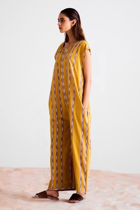 Buy_Cotton And Clay_Mustard Cotton Round Neck Striped Jumpsuit _Online_at_Aza_Fashions