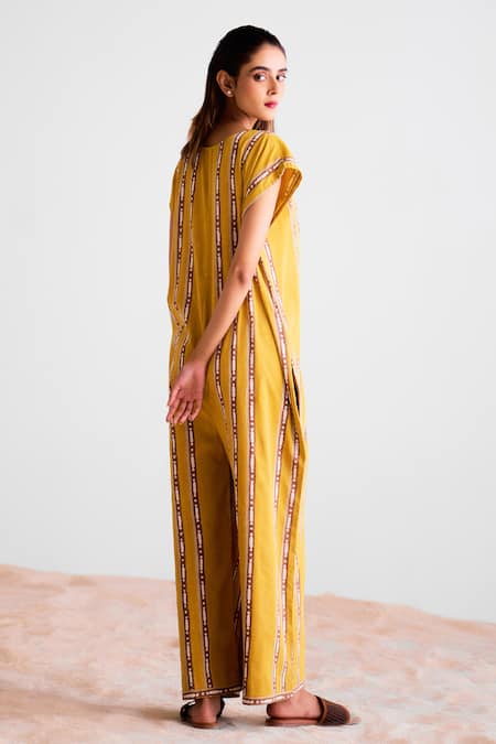 Shop_Cotton And Clay_Mustard Cotton Round Neck Striped Jumpsuit _at_Aza_Fashions