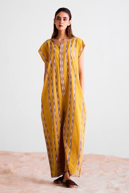 Shop_Cotton And Clay_Mustard Cotton Round Neck Striped Jumpsuit _Online_at_Aza_Fashions