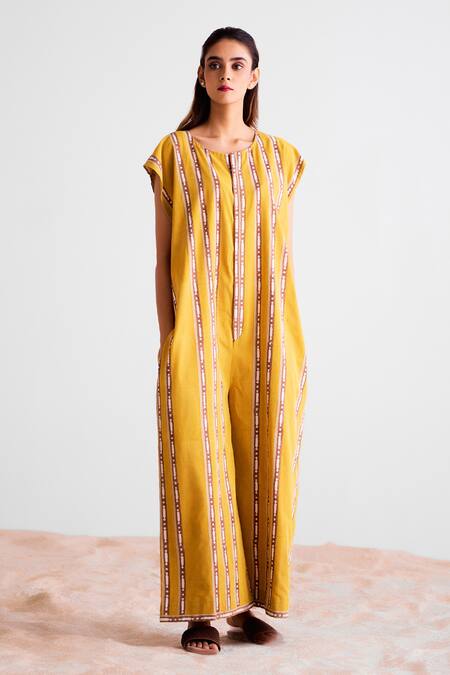 Cotton And Clay_Mustard Cotton Round Neck Striped Jumpsuit _at_Aza_Fashions