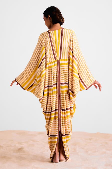 Shop_Cotton And Clay_Multi Color Cotton V-neck Striped Designer Kaftan _at_Aza_Fashions