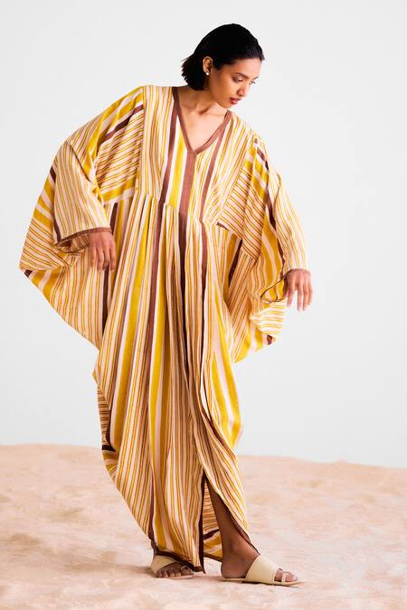 Cotton And Clay_Multi Color Cotton V-neck Striped Designer Kaftan _Online_at_Aza_Fashions
