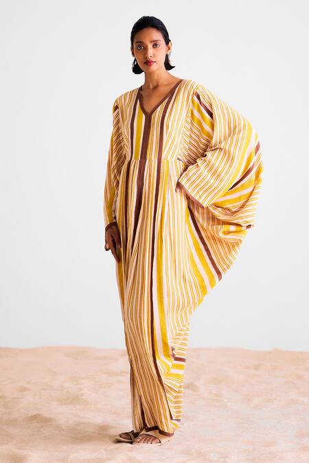 Buy_Cotton And Clay_Multi Color Cotton V-neck Striped Designer Kaftan _Online_at_Aza_Fashions