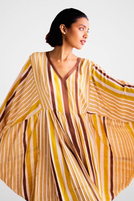 Shop_Cotton And Clay_Multi Color Cotton V-neck Striped Designer Kaftan _Online_at_Aza_Fashions