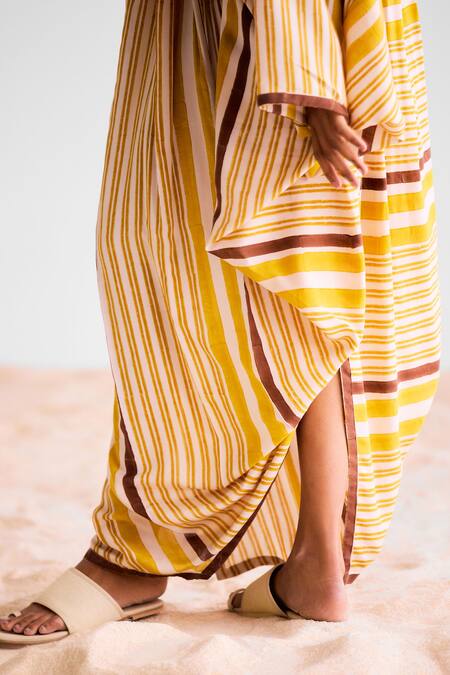 Buy_Cotton And Clay_Multi Color Cotton V-neck Striped Designer Kaftan 