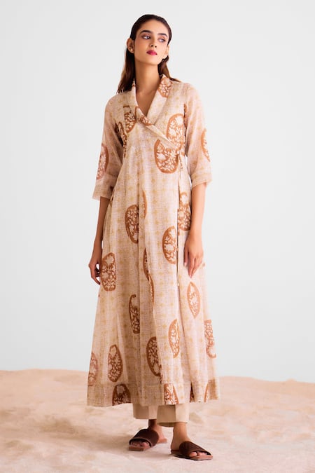 Cotton And Clay_Brown Cotton Embroidery Open Neck Printed Angrakha Kurta Set _Online_at_Aza_Fashions