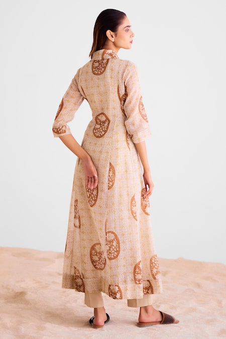 Shop_Cotton And Clay_Brown Cotton Embroidery Open Neck Printed Angrakha Kurta Set _at_Aza_Fashions
