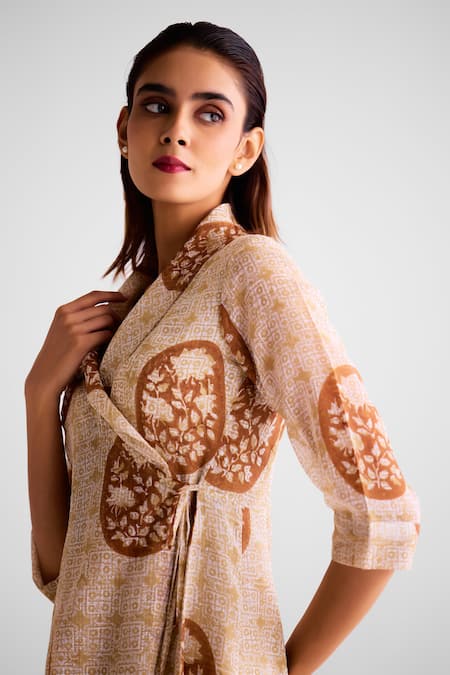 Shop_Cotton And Clay_Brown Cotton Embroidery Open Neck Printed Angrakha Kurta Set _Online_at_Aza_Fashions