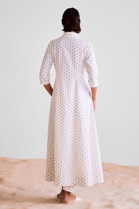 Shop_Cotton And Clay_White Cotton Embroidery Shawl Neck Printed Angrakha Kurta Set _at_Aza_Fashions