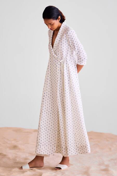Shop_Cotton And Clay_White Cotton Embroidery Shawl Neck Printed Angrakha Kurta Set _Online_at_Aza_Fashions