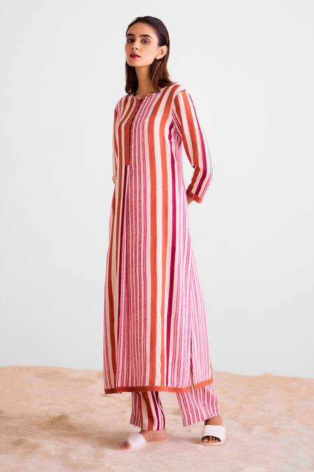 Cotton And Clay_Off White Cotton, Silk Round Neck Striped Kurta Trouser Set _Online_at_Aza_Fashions
