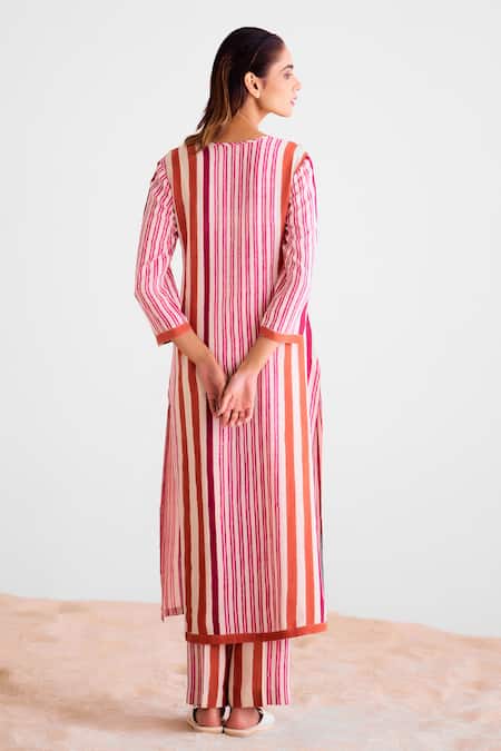 Shop_Cotton And Clay_Off White Cotton, Silk Round Neck Striped Kurta Trouser Set _at_Aza_Fashions