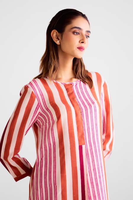 Buy_Cotton And Clay_Off White Cotton, Silk Round Neck Striped Kurta Trouser Set _Online_at_Aza_Fashions