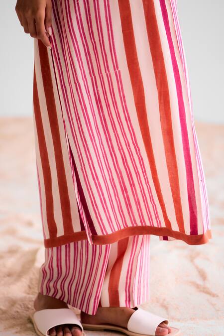Shop_Cotton And Clay_Off White Cotton, Silk Round Neck Striped Kurta Trouser Set _Online_at_Aza_Fashions
