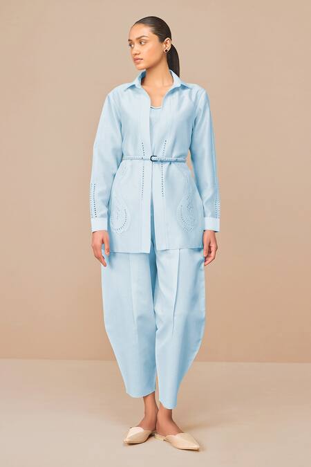 Ampm_Blue Chanderi Embroidery Collared Ice Elea Shirt Set _Online_at_Aza_Fashions