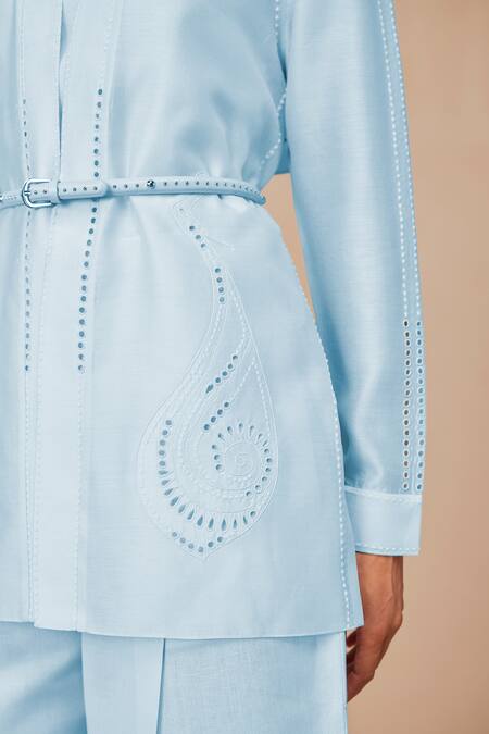 Buy_Ampm_Blue Chanderi Embroidery Collared Ice Elea Shirt Set _Online_at_Aza_Fashions