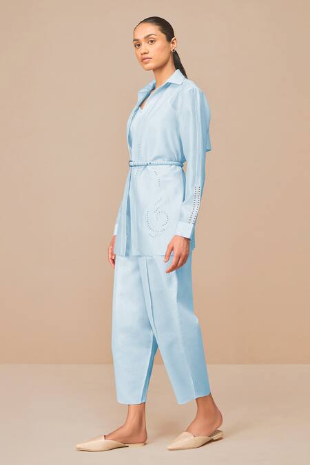 Shop_Ampm_Blue Chanderi Embroidery Collared Ice Elea Shirt Set _Online_at_Aza_Fashions