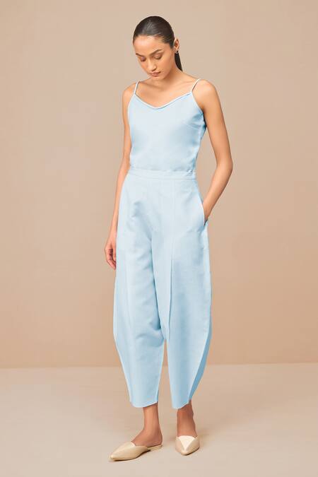 Ampm_Blue Chanderi Embroidery Collared Ice Elea Shirt Set _at_Aza_Fashions