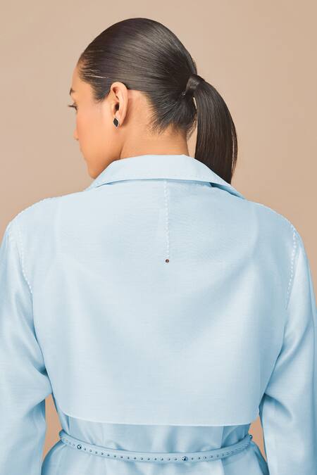 Buy_Ampm_Blue Chanderi Embroidery Collared Ice Elea Shirt Set 