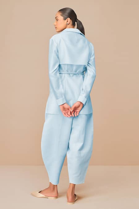 Shop_Ampm_Blue Chanderi Embroidery Collared Ice Elea Shirt Set _at_Aza_Fashions