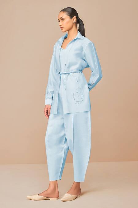 Shop_Ampm_Blue Chanderi Embroidery Collared Ice Elea Shirt Set 