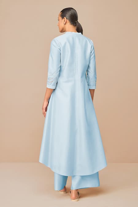 Shop_Ampm_Blue Chanderi Embroidery, Cut Work Round Neck Ice Jacket Set _at_Aza_Fashions