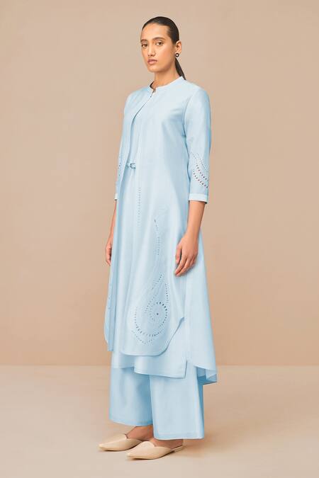 Ampm_Blue Chanderi Embroidery, Cut Work Round Neck Ice Jacket Set _Online_at_Aza_Fashions