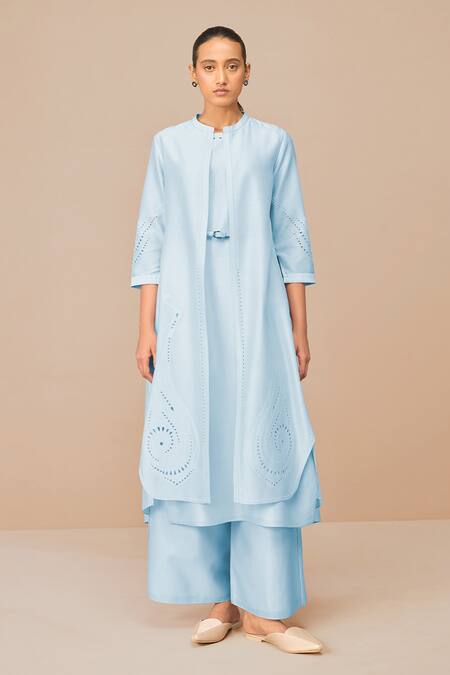 Buy_Ampm_Blue Chanderi Embroidery, Cut Work Round Neck Ice Jacket Set _Online_at_Aza_Fashions