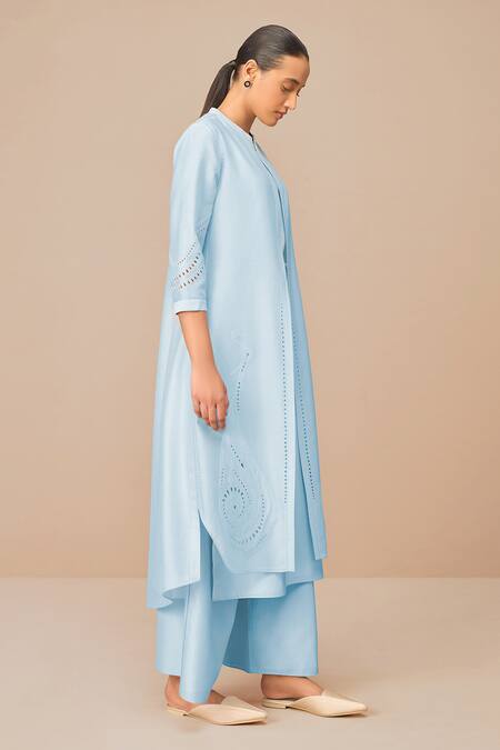 Shop_Ampm_Blue Chanderi Embroidery, Cut Work Round Neck Ice Jacket Set _Online_at_Aza_Fashions