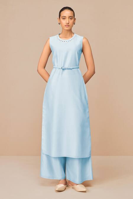 Ampm_Blue Chanderi Embroidery, Cut Work Round Neck Ice Jacket Set _at_Aza_Fashions