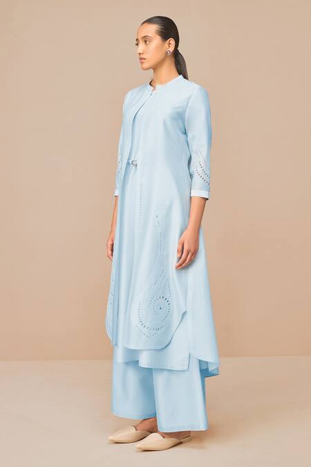 Buy_Ampm_Blue Chanderi Embroidery, Cut Work Round Neck Ice Jacket Set 