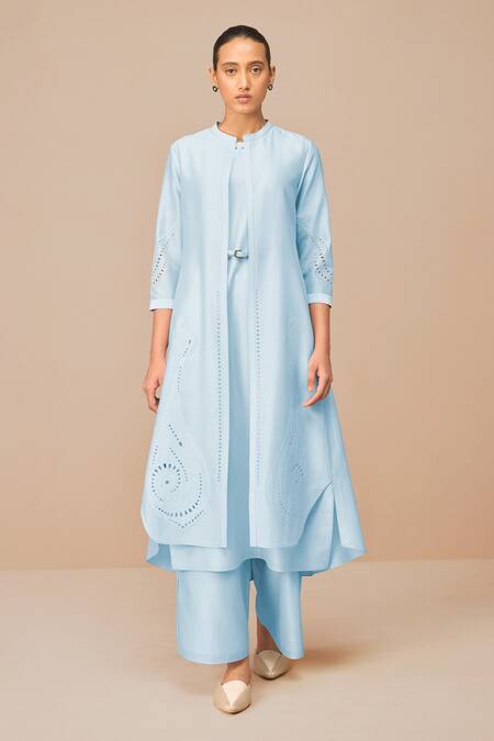 Shop_Ampm_Blue Chanderi Embroidery, Cut Work Round Neck Ice Jacket Set 