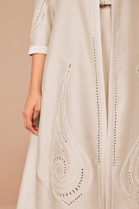 Ampm Beige Chanderi Embroidery, Cut Work Mandarin Collar Jacket Set Online at Aza Fashions Ampm_Beige Chanderi Embroidery, Cut Work Mandarin Collar Jacket Set _Online_at_Aza_Fashions