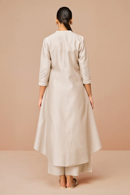 Shop Ampm Beige Chanderi Embroidery, Cut Work Mandarin Collar Jacket Set at Aza Fashions Shop_Ampm_Beige Chanderi Embroidery, Cut Work Mandarin Collar Jacket Set _at_Aza_Fashions