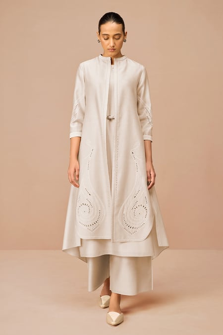 Shop Ampm Beige Chanderi Embroidery, Cut Work Mandarin Collar Jacket Set Online at Aza Fashions Shop_Ampm_Beige Chanderi Embroidery, Cut Work Mandarin Collar Jacket Set _Online_at_Aza_Fashions