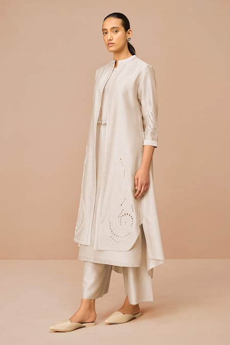 Ampm Beige Chanderi Embroidery, Cut Work Mandarin Collar Jacket Set at Aza Fashions Ampm_Beige Chanderi Embroidery, Cut Work Mandarin Collar Jacket Set _at_Aza_Fashions