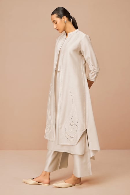 Shop Ampm Beige Chanderi Embroidery, Cut Work Mandarin Collar Jacket Set Shop_Ampm_Beige Chanderi Embroidery, Cut Work Mandarin Collar Jacket Set