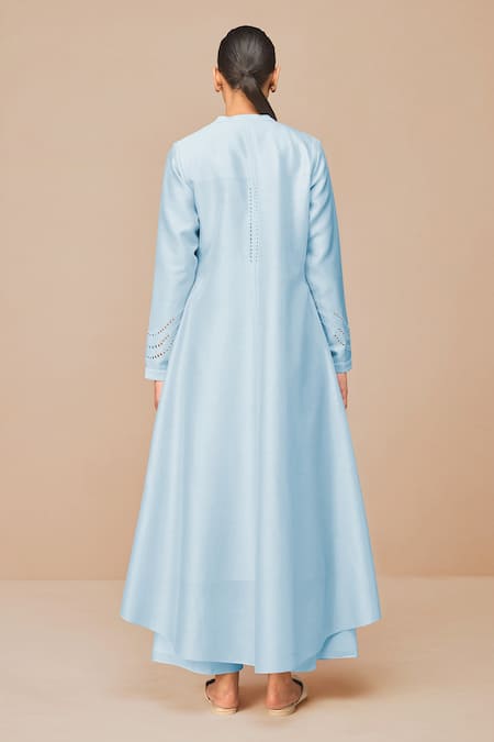 Shop_Ampm_Blue Chanderi Embroidery, Cut Work Round Neck Ice Jacket Set _at_Aza_Fashions