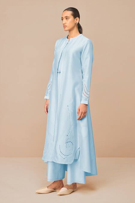 Ampm_Blue Chanderi Embroidery, Cut Work Round Neck Ice Jacket Set _Online_at_Aza_Fashions