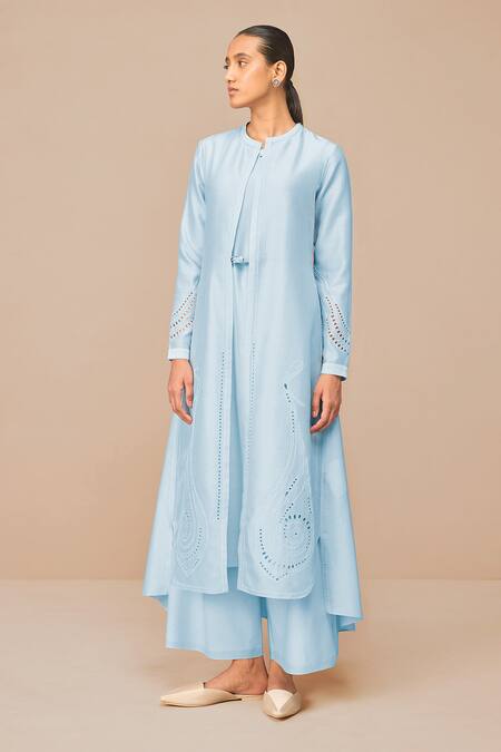 Buy_Ampm_Blue Chanderi Embroidery, Cut Work Round Neck Ice Jacket Set _Online_at_Aza_Fashions