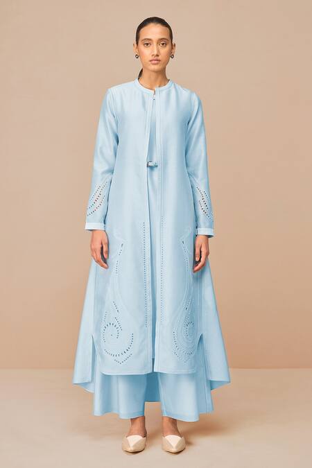 Shop_Ampm_Blue Chanderi Embroidery, Cut Work Round Neck Ice Jacket Set _Online_at_Aza_Fashions