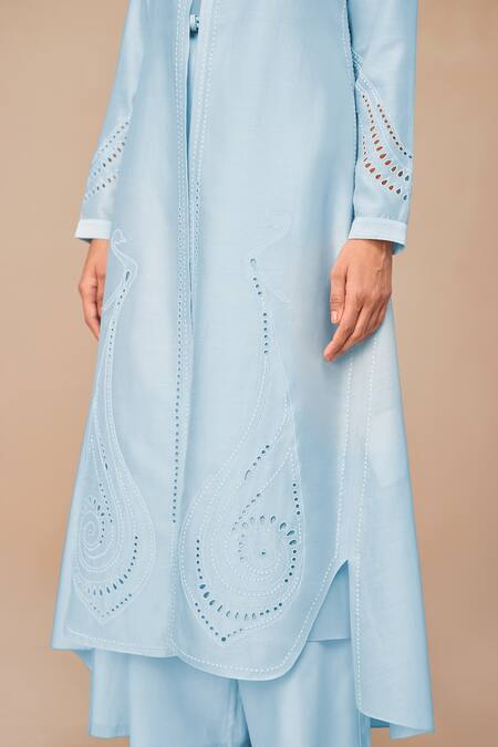 Ampm_Blue Chanderi Embroidery, Cut Work Round Neck Ice Jacket Set _at_Aza_Fashions