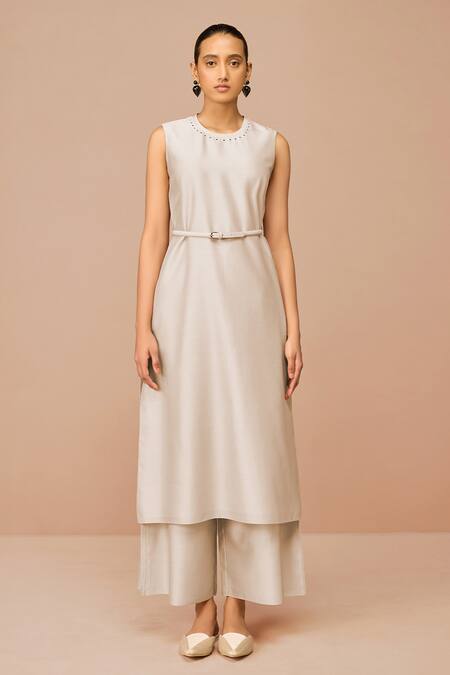 Ampm_Beige Chanderi Embroidery, Cut Work Round Neck Anais Jacket Set _Online_at_Aza_Fashions